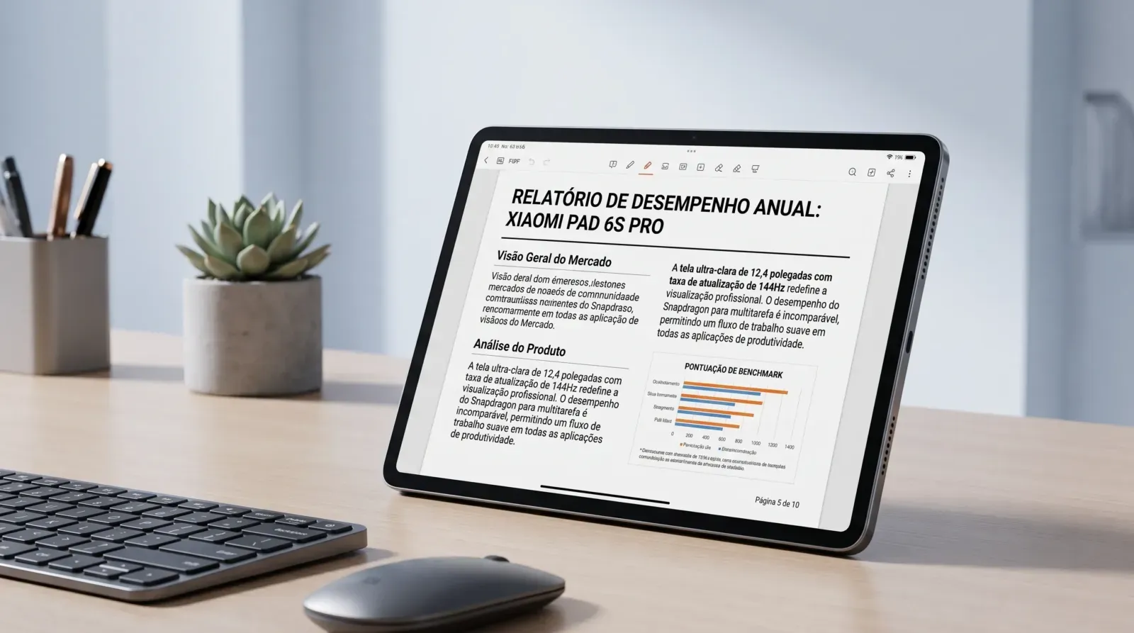 Xiaomi Pad 6S Pro com tela grande exibindo um PDF