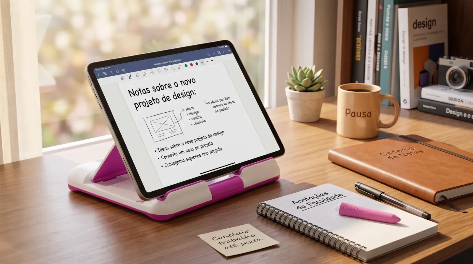 Suporte ajustável para tablet em mesa de estudos