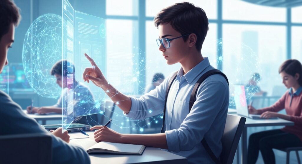 Estudante interagindo com interface holográfica personalizada em sala de aula futurista, simbolizando a inteligência artificial na educação personalizada.