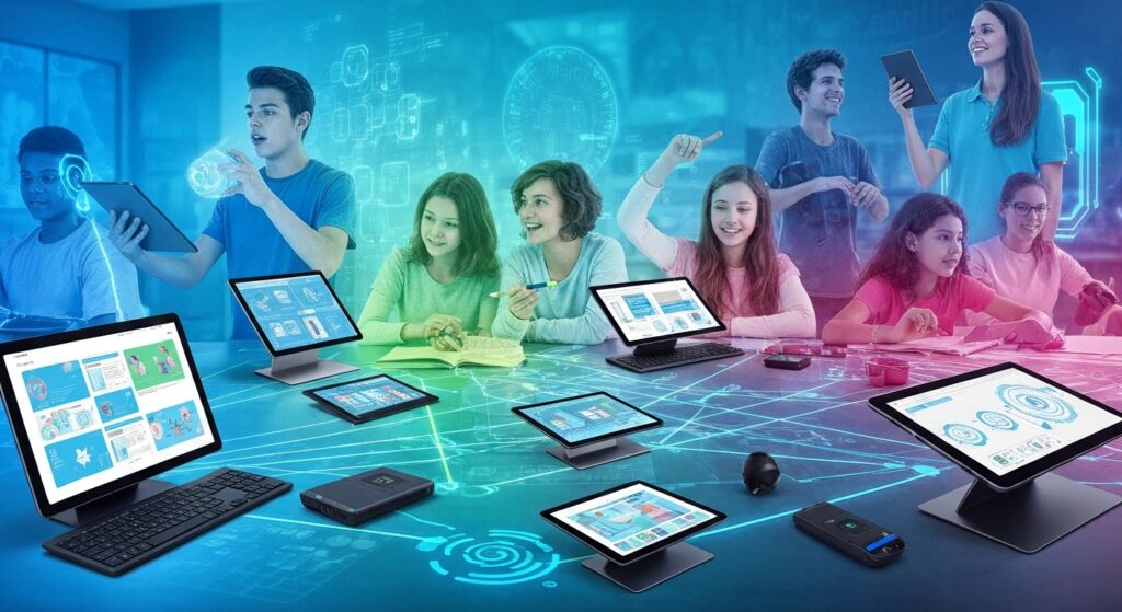 Estudantes interagindo com tecnologia educacional para alta performance, em um ambiente futurista com projeções holográficas e dispositivos inovadores, simbolizando aprendizado e gestão pedagógica otimizados.