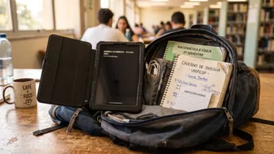 Tablet protegido por capa dentro de mochila de estudante