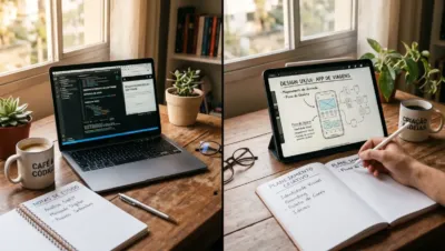 Notebook e tablet lado a lado em mesa de estudos